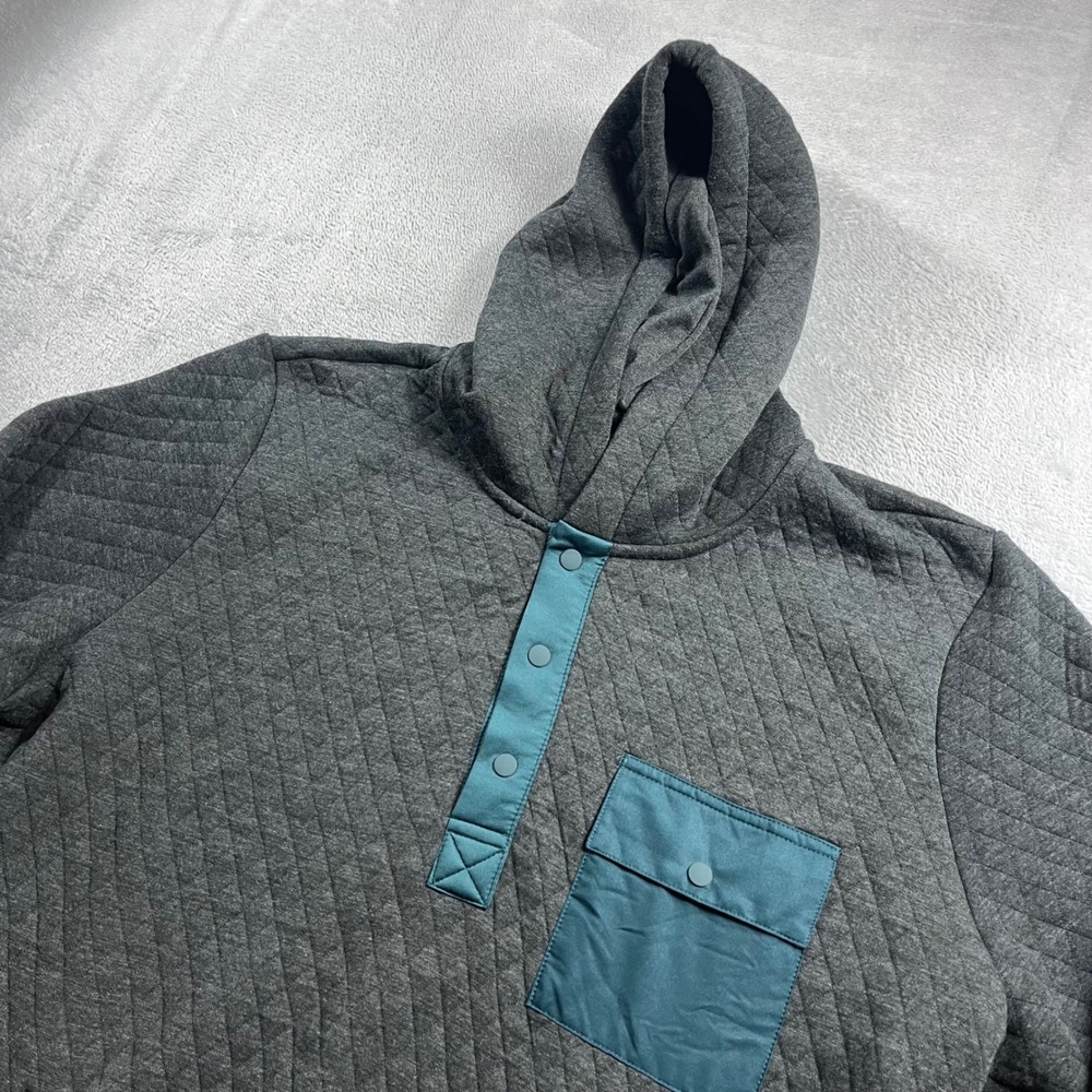 Marine Layer Corbet Quilted Snap Hoodie Mens XL Charcoal Gray Teal Pullover